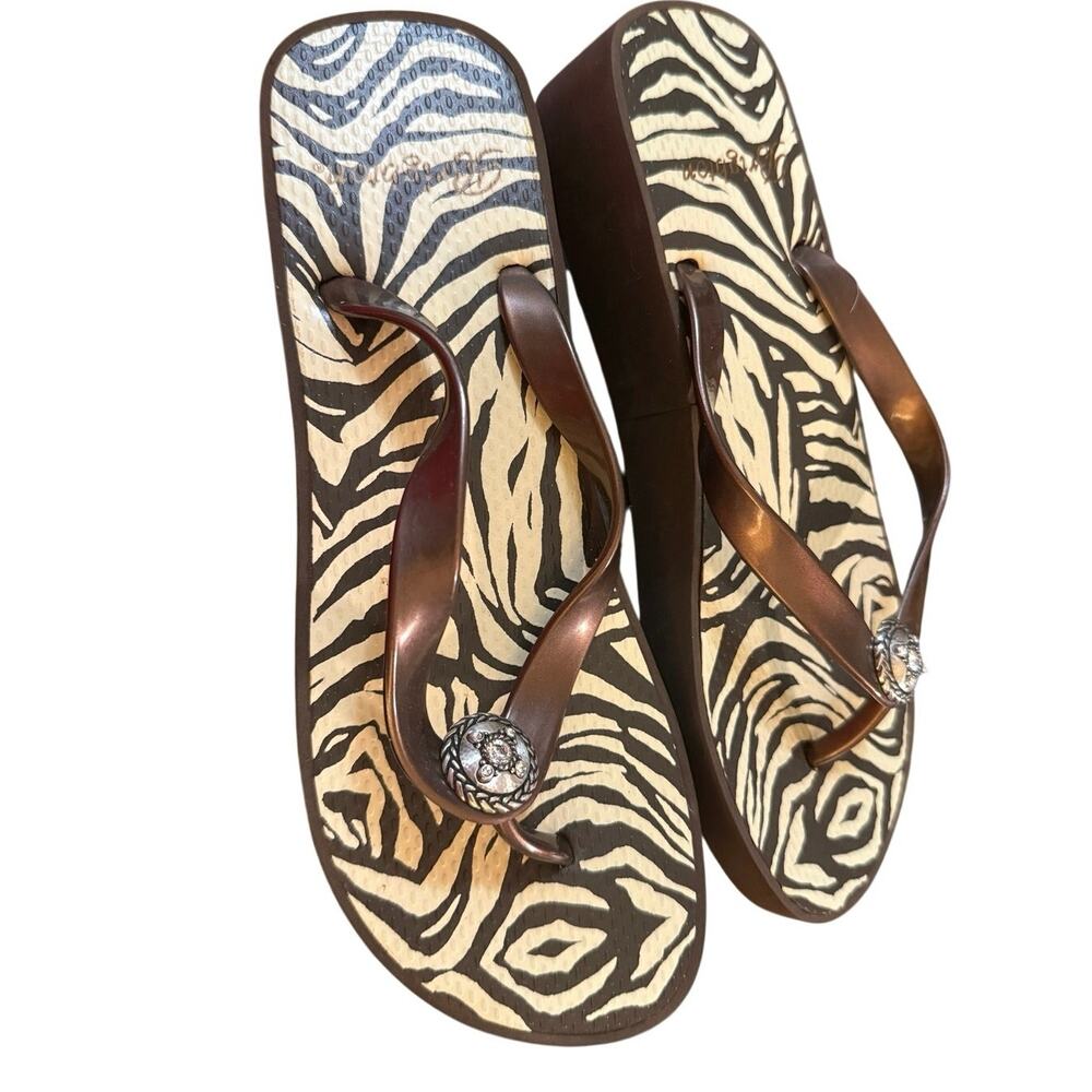 Brighton Zebra Print Wedge Flip Flops Brown Thong Sandals Women’s Size 9